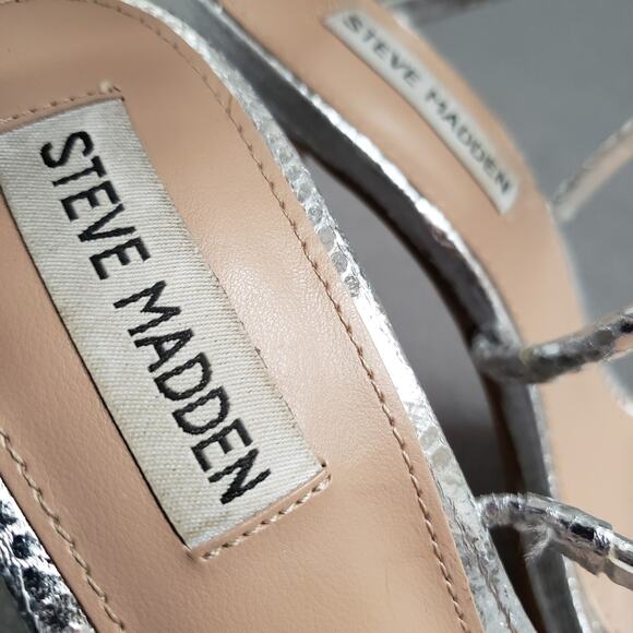 Steve Madden Exotica Heels Metallic Silver Snake Size 8 SMAD-WZ1229 Wrap-around - Picture 9 of 12